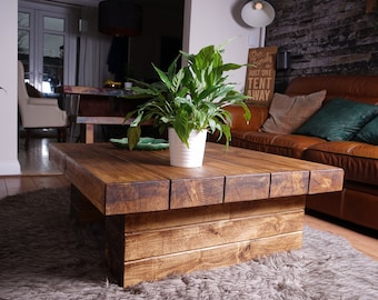 Handmade Rustic Pine Chunky Coffee Table - Stacked Legs – Railway Sleeper - Dark Oak Wax