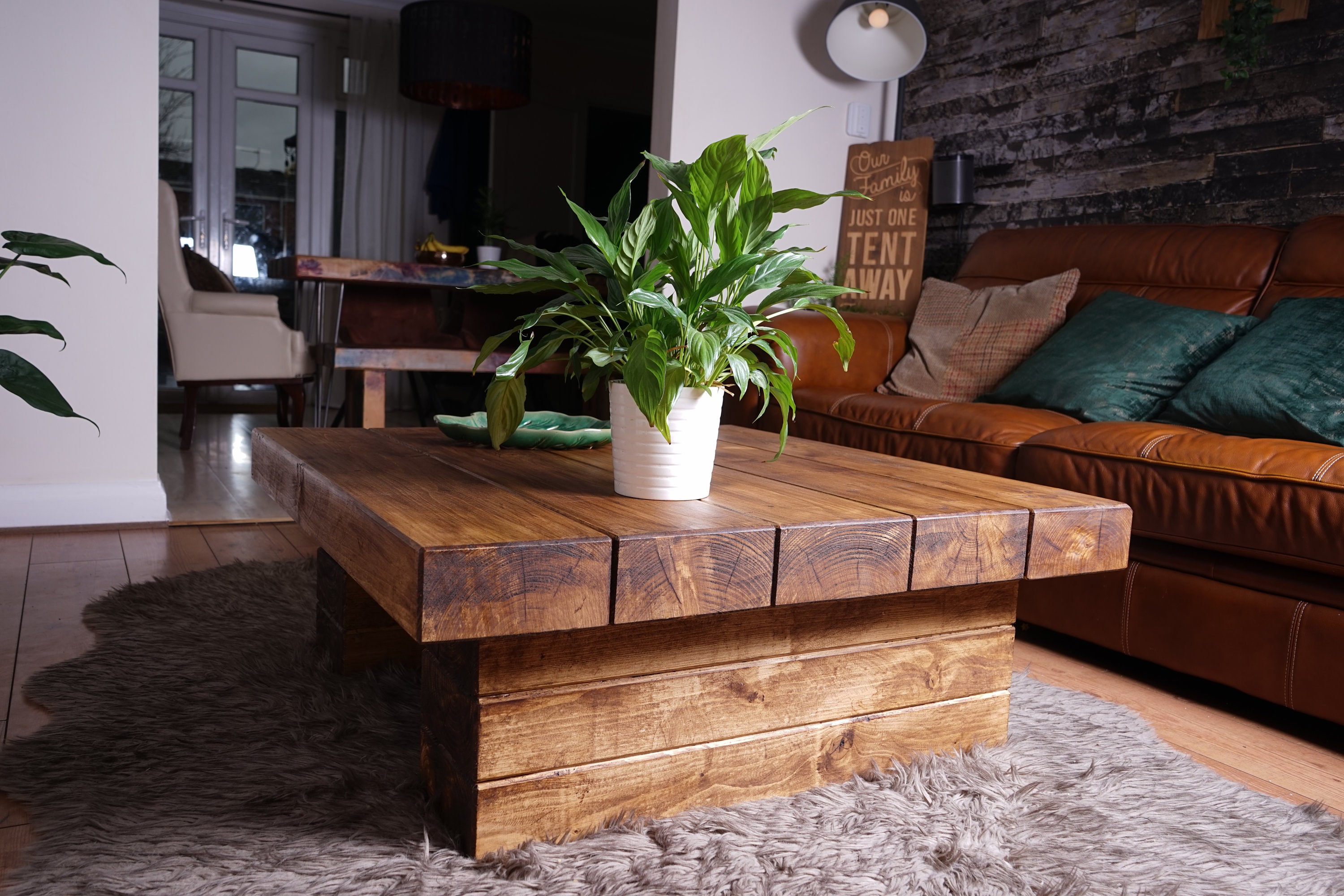 Rustic Chunky Rail way Sleeper Pine Coffee Table With Stacked Legs