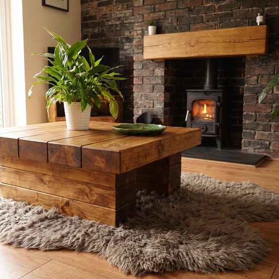 Handmade Rustic Pine Chunky Coffee Table - Stacked Legs – Railway Sleeper - Dark Oak Wax