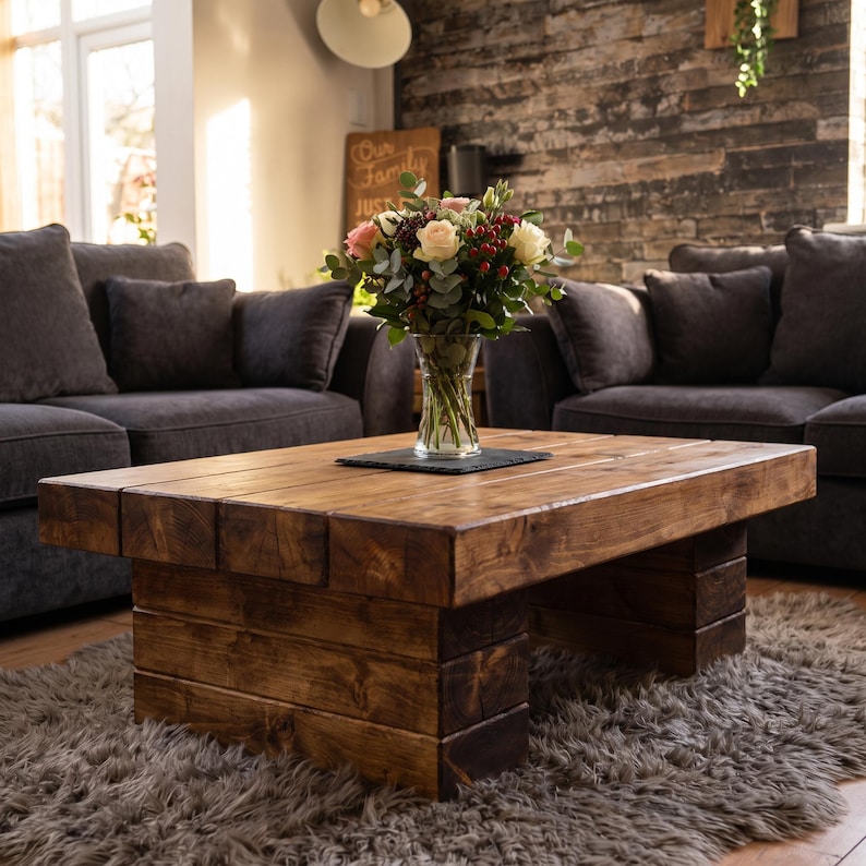 Puede incluir: Una mesa de centro rectangular construida con vigas de madera gruesas te&ntilde;idas de oscuro con una base de bloques de perfil bajo. Un jarr&oacute;n de vidrio transparente con un ramo de rosas blancas y rosas, bayas rojas y hojas de eucalipto encima.