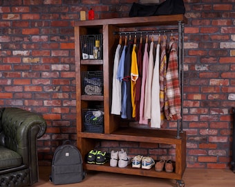 Chunky Rustic Industrial Style Wardrobe – Clothing Storage with Cast Iron Wheels - Walnut Finish