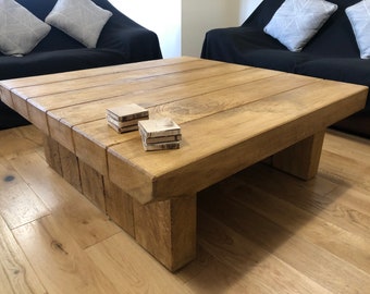 Hand-Crafted Rustic Chunky Oak Sleeper Coffee Table – Wax Finish - Old Pine Stain - Solid Oak