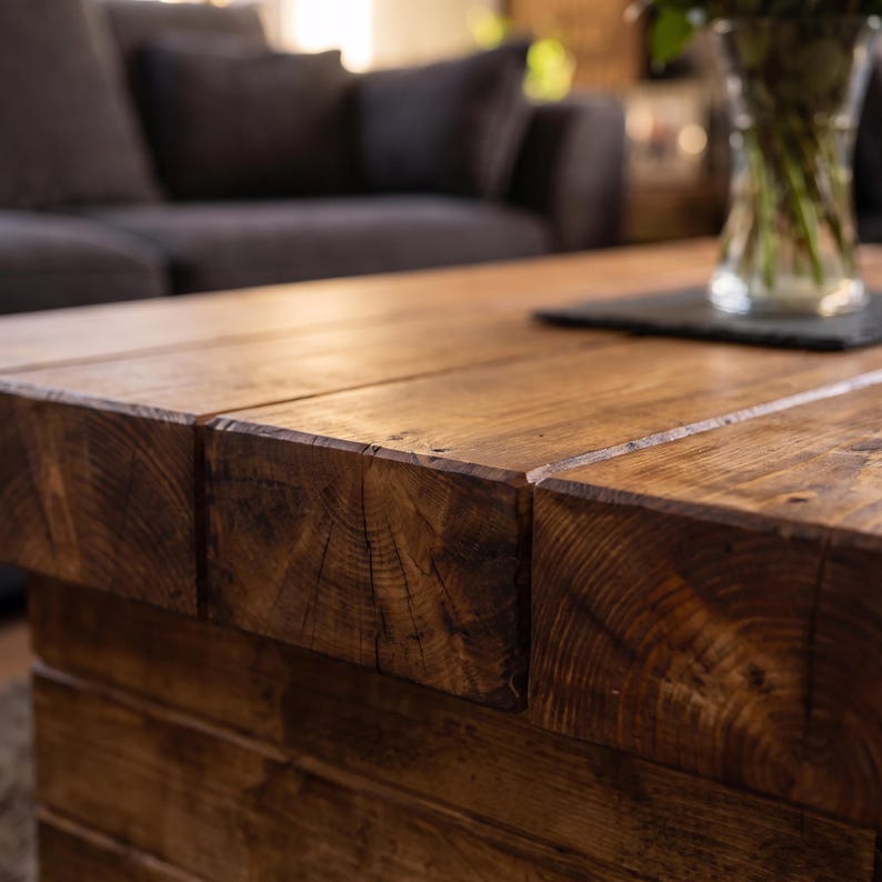 Puede incluir: Una mesa de centro rectangular construida con vigas de madera recuperada de color marr&oacute;n oscuro. La superficie muestra patrones de grano de madera prominentes y vetas transversales visibles en los bordes, con una textura natural y desgastada.