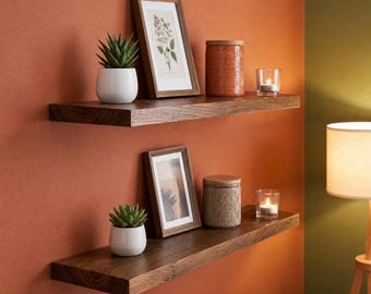 Rustic Floating Wooden Shelf - 20cm Depth - Dark Oak Wax Finish