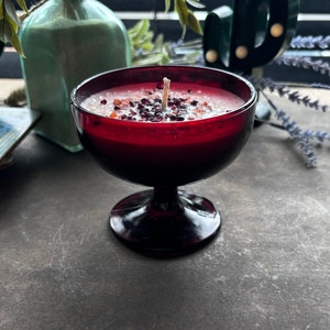 Rounded Red Goblet with Soy Wax Candle - Deep Oud & Birch Scented Candle w/ Garnet, Strawberry Quartz, and Rose Quartz