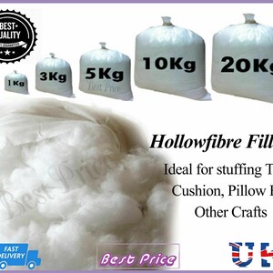 May include: White hollowfibre filling in various sizes from 500 grams to 20 kilograms. The filling is packaged in clear plastic bags with black text indicating the weight. The text "Hollowfibre Filling" is displayed in black on a white background. The text "Ideal for stuffing Toys, Cushion, Pillow Bed Other Crafts" is displayed in black on a white background.
