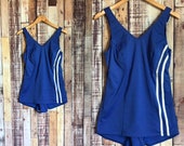 1960 39 s One Piece Swimsuit, Vintage Royal Blue and White One Piece Union Made Swimming Suit