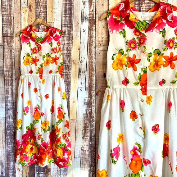 Vintage Hawaiian Luau Dress, 1970's Light Cotton H