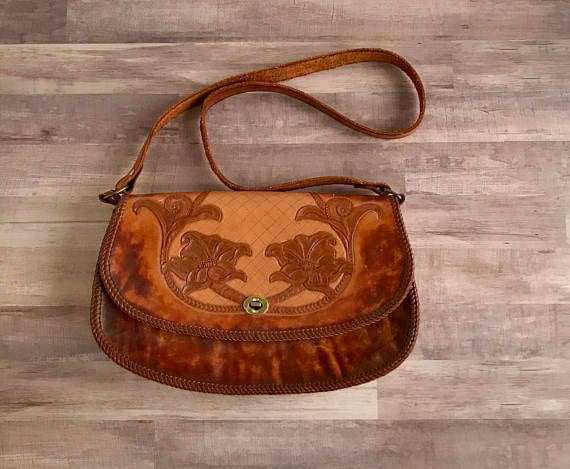Vintage Hand Tooled Leather Handbag, Vintage Toole