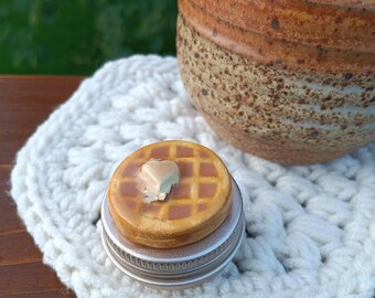 Thread Butter Thread Conditioner, Waffles & Syrup Scent, 0.5 oz Beeswax for Stitching, hand sculpted polymer clay waffles, cross stitch gift