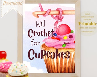 Crochet printable - gift for crocheter - instant download - crochet hooks - cupcake art print - polymer clay crochet hook - craft room art