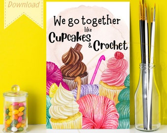 Crochet printable - gift for crocheter - instant download - crochet hooks - cupcake art print - polymer clay crochet hook - craft room art