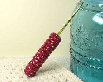 Cookie Crochet Hook, Handmade Polymer Clay Tool, Bakery Themed Stitching Accessory, Gift for Crocheter, Red Velvet, Dessert Food Sculpture