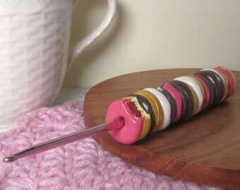 Donut Crochet Hook, Handmade Polymer Tool, Bakery Themed Gift for Crocheter, cottagecore dessert food stitching accessory, Neapolitan