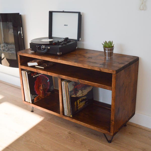 SUNDAR Vinyl Record Storage Unit - Sustainable - Vinyl Storage Cabinet - Hairpin Leg - Wood Furniture - TV Cabinet - Turntable - Oak