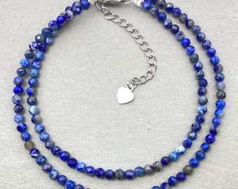 Faceted Lapis Lazuli Choker: Stainless Steel, Gemstone Bead Necklace