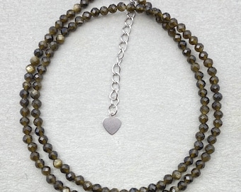 Halskette mit goldenen Obsidianperlen: Minimalistische Edelsteinkette, zarte Kristall-Schutzkette, Geschenkidee mit Heilsteinen