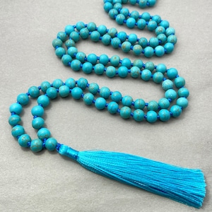 Whispers of the Ocean: Turquoise Mala Necklace - 108 Prayer Beads Mala Tassel Necklace, Turquoise Gemstone Mala Yoga Meditation Necklace