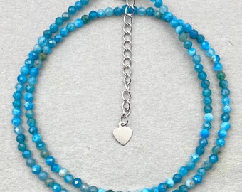 Apatite Beaded Choker Necklace: Blue Stone Necklace, Natural Faceted Apatite Crystal Necklace, Dainty Stone Jewelry, Layering Choker Women