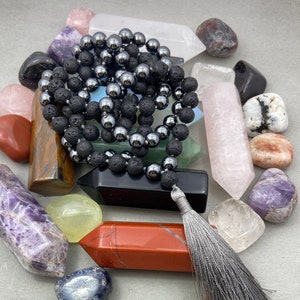 Black Lava & Hematite Necklace - Japa Mala 108 Beads with Silk Tassel, Meditation Jewelry And Yoga Gift Ideas
