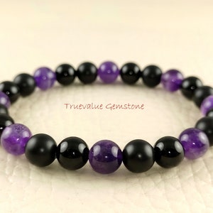 Amethyst & Black Onyx Beaded Bracelet: Essential Oil Diffuser, Buddhist Gift