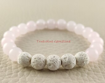 Rose Quartz Bracelet - White Lava Beaded Bracelet, 8mm Beaded Bracelet, Protection Crystal Healing Jewelry, Handmade Stretch Bracelet