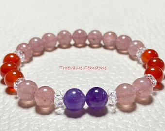 Strawberry Quartz, Amethyst & Onyx Bracelet, Beaded Bracelet, Healing Crystal, 8mm Beads, Friendship Bracelet, Crystal Beads Bracelet, Gift