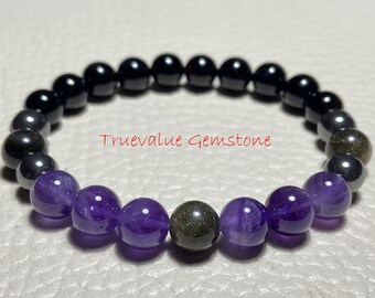 Pulsera de amatista, obsidiana, hematita y ónix: pulsera de cuentas de 8 mm, joyería de cristal curativo para la protección, pulsera elástica hecha a mano.