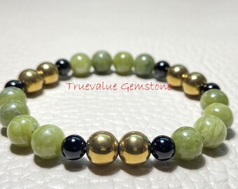 Handmade Green Jade, Hematite & Onyx Bracelet: 8mm Beaded Bracelet, Protection Crystal Healing Jewelry, Handmade Stretch Bracelet