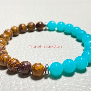 Blue Jade And Mariam Jasper Bracelet, Beaded Gemstone Jewelry, Handmade Natural Stone Accessory for Mindfulness & Calm
