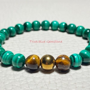 Malachite, Gold Hematite & Tiger Eye Beaded Bracelet: Men&#39;s Healing Jewelry