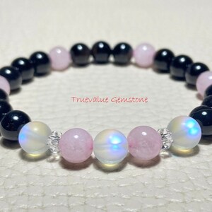 Aura Quartz, Rose Quartz & Onyx Beaded Bracelet – Healing Crystal Jewelry, Gift for Him And Her