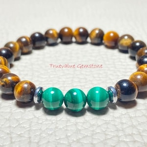 Malachite & Tiger Eye Bracelet - Beaded Gemstone Jewelry, Healing Stones, Stacking Bracelet, Unique Gift for Her