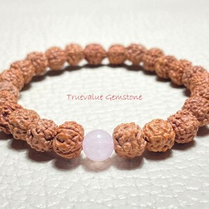Rudraksha & Rose Quartz Bracelet - Beaded Gemstone Bracelet for Peace, Healing And Meditation, Spiritual Gift for Her