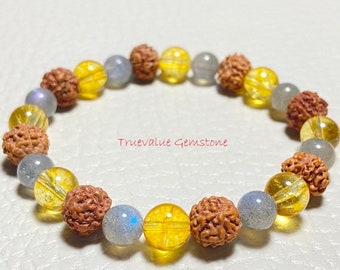 Citrine, Labradorite & Rudraksha Bracelet, Beaded Bracelet, Healing Crystal, 8mm Beads, Friendship Bracelet, Crystal Beads Bracelet, Gift