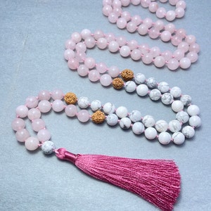 Rose Quartz & Howlite Mala Necklace – 108 Beads Prayer Necklace, Healing Crystal Meditation Mala, Love And Calming Yoga Beads, Gift for Her
