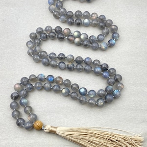 108 Bead Labradorite Mala Necklace, Natural Gemstone Prayer Beads for Mindfulness, Spiritual Gifts