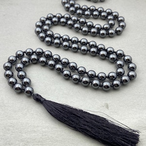 Hematite 108 Beads Mala – Grounding Prayer Necklace, Healing Crystal Meditation Mala, Yoga Beads, Spiritual Jewelry, Gift for Him or Her