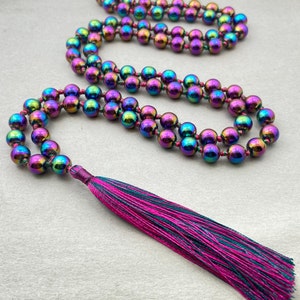 Rainbow Hematite Mala, 108 Beads Japa Mala Necklace with Silk Tassel, Meditation Mala Beads for Confidence, Focus & Inner Peace