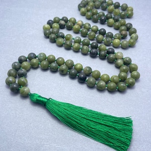 Hand-Knotted Serpentine Basalt Mala Necklace: 108 Bead Prayer Jewelry