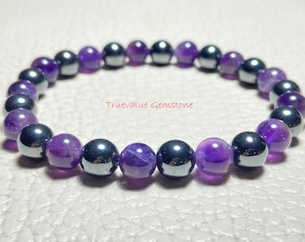 Amethyst & Hematite Bracelet – 8mm Beaded Bracelet, Protection Crystal Healing Jewelry, Handmade Stretch Bracelet