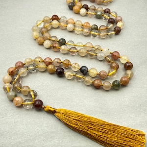 Rutilated Quartz Mala Necklace - 108 Hand-Knotted Prayer Beads for Meditation, Mantra & Yoga Affirmation