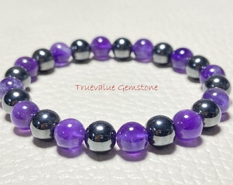 Amethyst & Hematite Bracelet, 8mm Beaded Bracelet, Protection Crystal Healing Jewelry, Handmade Stretch Bracelet
