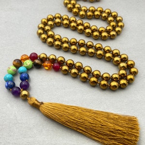 Hematite 108 Beads 7 Chakra Mala Necklace for Meditation & Japa, Buddhist Mala, Spiritual Healing Yoga Necklace
