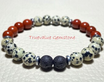 Black Lava and Red Jasper Bracelet, 8mm Beaded Bracelet, Protection Crystal Healing Jewelry, Handmade Stretch Bracelet