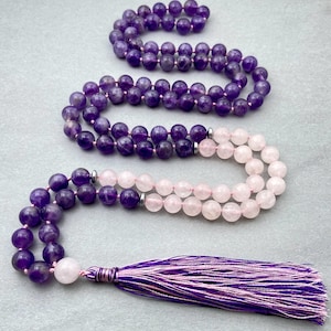Rose Quartz & Amethyst Mala Necklace: 108 Bead Japa Mala