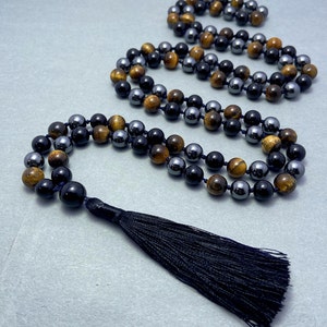 Hematite and Tiger Eye Mala Necklace - Powerful Protection and Grounding, Masculine Strength & Confidence, Balance and Harmony Mala