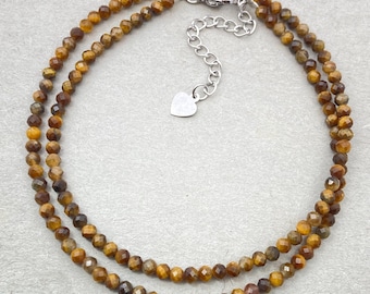 Gargantilla ojo de tigre: collar de cuentas de piedra preciosa marrón facetada, gargantilla de cuentas de 3 mm