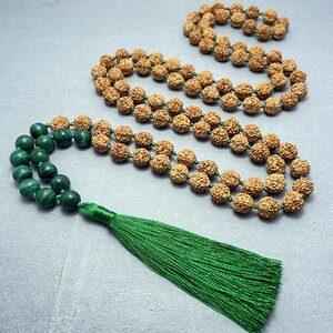 Natural Malachite and Rudraksha Mala Necklace - 108 Bead Meditation Prayer Beads with Silk Tassel & Healing Properties