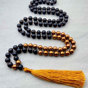 Copper Hematite & Matte Onyx Mala Necklace for Protection, Grounding Yoga Beads, Black And Bronze Tassel Jewelry